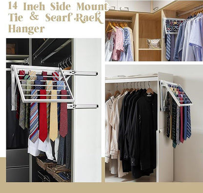 Blulu 13.8'' Sliding Tie Rack for Closet(Left Pull-Out), 60 Tie Pull Out Belt Hanger Wall Mounted Extending Metal Belt Organizer,Sliver