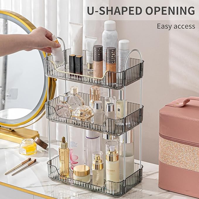 Bathroom Organizer Countertop, Vanity Trays for Skincare Makeup, Counter Organizer for Cosmetics, Toiletries, Lotions, Perfumes (3 Tiers, Grey)