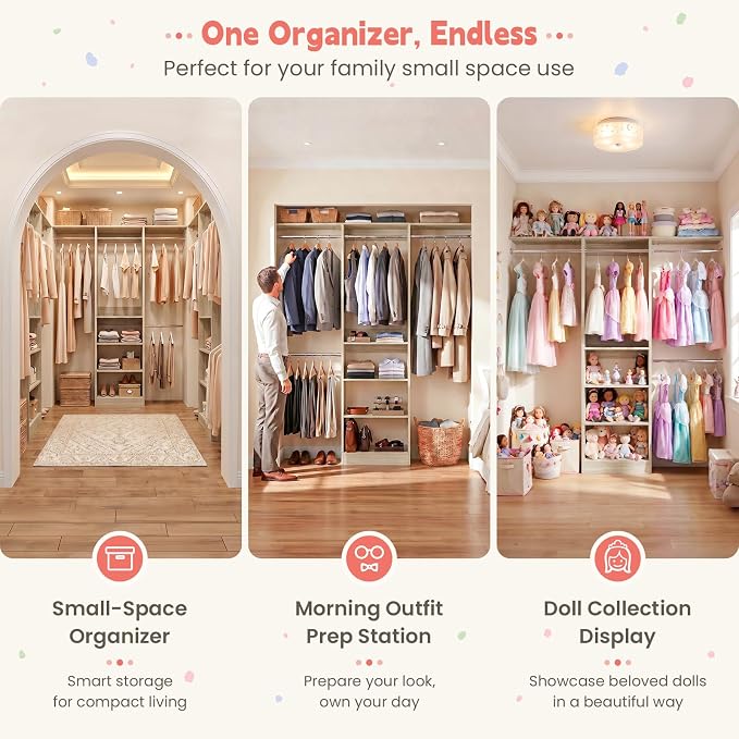 iSunirm 48" Small Closet System, Space-Saving Wall-Mounted Wardrobe Organizer, Mini Garment Rack for Narrow Spaces, Morning Outfit Prep Station & Nursery Dress-up Storage, White Oak