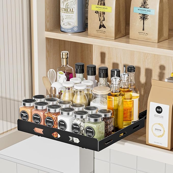 BOIVSHI Pull Out Spice Rack Organizer for Cabinet, 1 Tier Heavy Duty Spice Rack, Vertical Spice Rack for Kitchen Cabinet and Pantry (12.6''Wx10.5''Dx2.8''H, Metal Black)