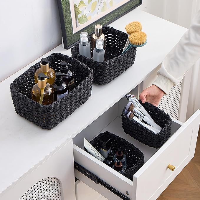 4PCS Woven Storage Baskets Set, Small Baskets for Organizing, Square Handwoven Paper Rope Organizer Bins for Shelves and Home Storage (Black)