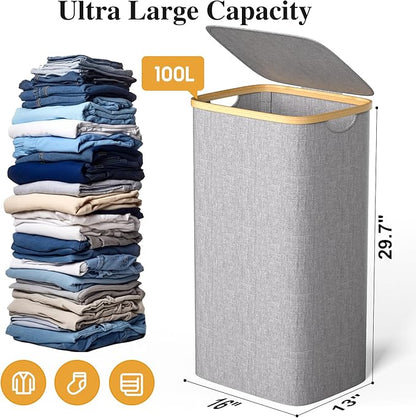 Foluck Large Laundry Hamper, 100L Waterproof Laundry Basket with Lid and Removable Bag, Collapsible Tall Clothes Hamper with Bamboo Handles for Clothes Toys in Dorm Bedroom Bathroom, Grey