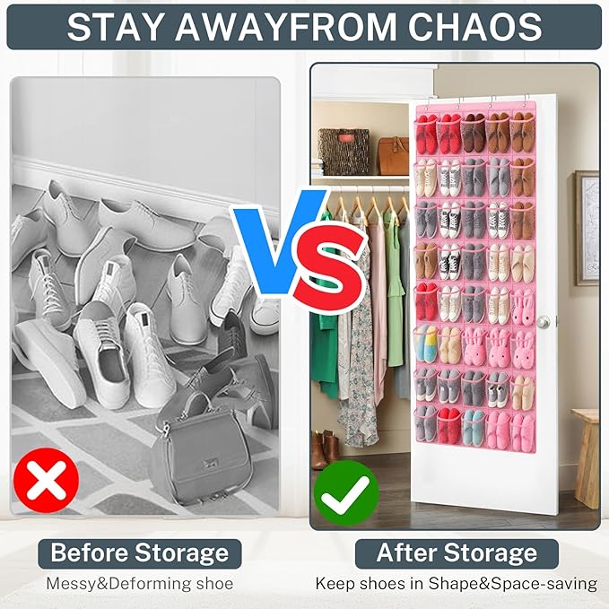 40-Pocket Over the Door Shoe Organizer - Large Mesh Pocket Hanging Shoe Organizer,Behind the Door Shoes Storage Holder Hanger (Pink)
