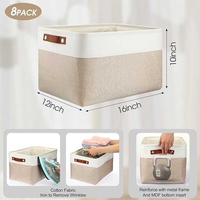 Uiifan 8 Pack 16 x 12 x 10 Inch Large Storage Baskets Collapsible Fabric Storage Cubes Bins with Handles for Shelves Closets Nursery Home Clothes Toys Organizers, Beige