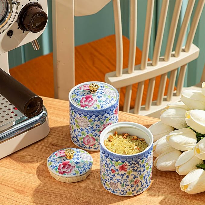 2 Pcs Vintage Chinese Ceramic Porcelain Salt Cellar with Lid Ceramic Salt Holder Container for Coffee, Sugar, Spices and Candies, Airtight Spice Jar, Kitchen Storage Dish (Colorful)