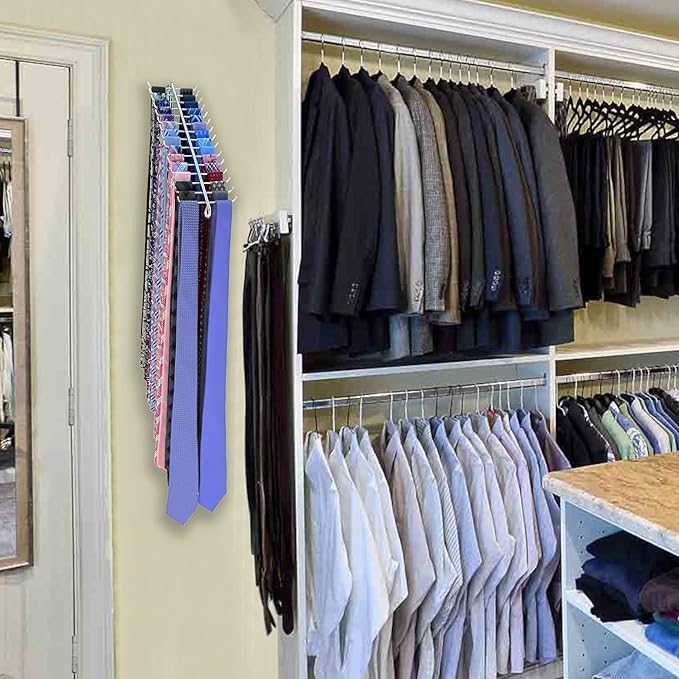 Swivel Tie Rack by WEEBAK, 30 Oversized Hooks, Men's or Women's Ties, Belts, and Scarfs Closet Accessory Organizer, Wall Mounted with provided Chrome Screws, Durable Metal, Chrome