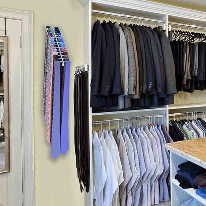 Swivel Tie Rack by WEEBAK, 30 Oversized Hooks, Men's or Women's Ties, Belts, and Scarfs Closet Accessory Organizer, Wall Mounted with provided Chrome Screws, Durable Metal, Chrome