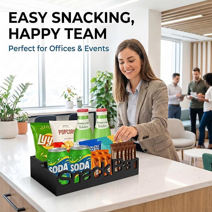 Snack Bar Organizer – Black 4 Compartment Station, Countertop Pantry Organizer for Kitchen, Office Food Holder, Candy Storage Bin, Display Stand, Cabinet Tray & Shelf