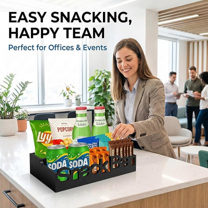 Snack Bar Organizer – Black 4 Compartment Station, Countertop Pantry Organizer for Kitchen, Office Food Holder, Candy Storage Bin, Display Stand, Cabinet Tray & Shelf