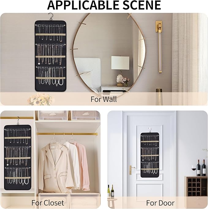 Bloss Hanging Jewelry Organizer-48 Pockets Dual-Sided Hanging Jewelry Organizers and Storage for Necklaces, Earrings Holder on Closet, Wall, Door, Birthday Gifts for Women,Blcak