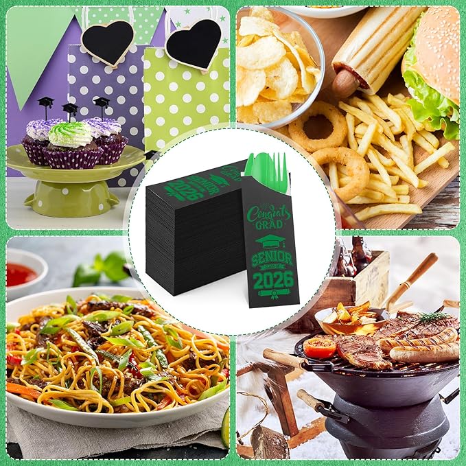 Funnymoom 400 Pcs 2026 Graduation Wrapped Silverware Bags Holder - Disposable Dinnerware Set Includes Plastic Spoons Knives and Forks, Class of 2026 Parties School Congrats Supplies(Black and Green)