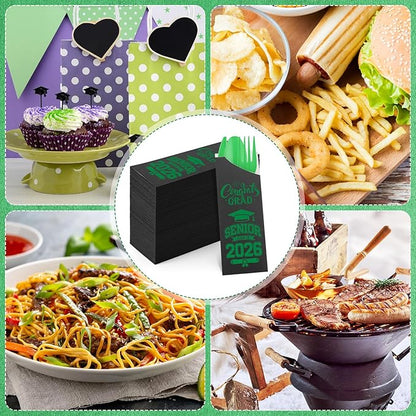 Funnymoom 400 Pcs 2026 Graduation Wrapped Silverware Bags Holder - Disposable Dinnerware Set Includes Plastic Spoons Knives and Forks, Class of 2026 Parties School Congrats Supplies(Black and Green)