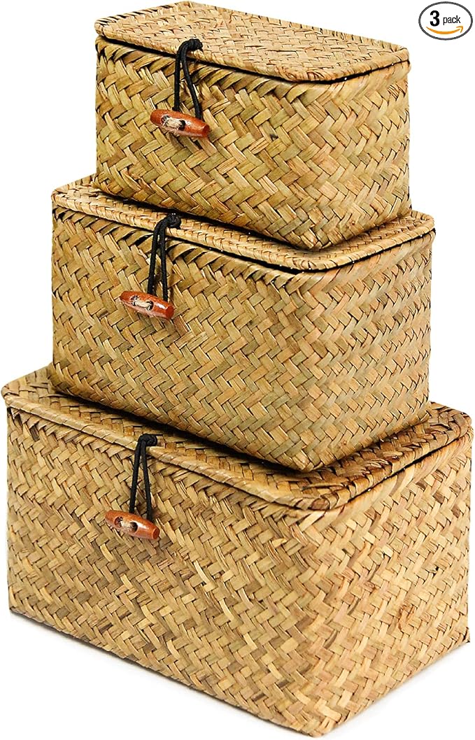 FEILANDUO Shelf Baskets with Lid Set of 3 Handwoven Seagrass Storage Box Wicker Basket Desktop Makeup Organizer Multipurpose Container (Original (S/M/L)