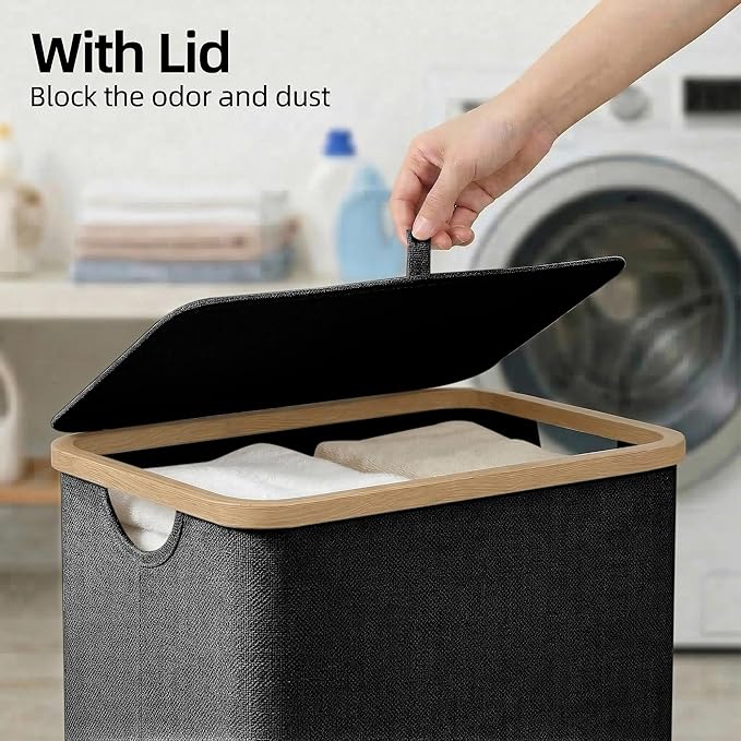 efluky Slim Laundry Basket with Lid, Narrow Laundry Hamper with Removable Bag, Skinny Dirty Clothes Basket with Bamboo Handles for Bathroom, Bedroom & Laundry Room, 65L Black