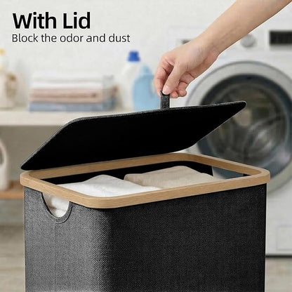 efluky Slim Laundry Basket with Lid, Narrow Laundry Hamper with Removable Bag, Skinny Dirty Clothes Basket with Bamboo Handles for Bathroom, Bedroom & Laundry Room, 65L Black