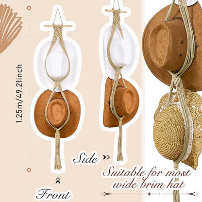 Yulejo Macrame Hat Hangers Racks Boho Cowboy Hats Holders Western Display Organizer Storage decor Back of Door for Wall(Beige,Two Hats Style)