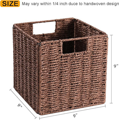 Vagusicc Wicker Storage Basket, Set of 2 Hand-Woven Storage Baskets for Shelves, Foldable Cube Storage Baskets Bins with Handles, 9 inch Small Wicker Baskets for Organizing Pantry Bedroom, Brown