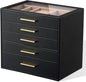 pickpiff Jewelry Box Organizer Case for Women: 5-Layer Jewelry Storage Case with Glass Window, Black Leather with Blush Velvet, Holder for Ring Necklace Bracelet Brooch Watch, Great Gift for Her