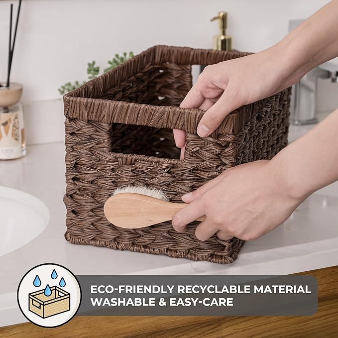 GRANNY SAYS Wicker Storage Baskets for Shelves, Wicker Baskets for Organizing, Waterproof Woven Basket for Pantry, Rectangle Basket for Shelf, Brown, 2-Pack