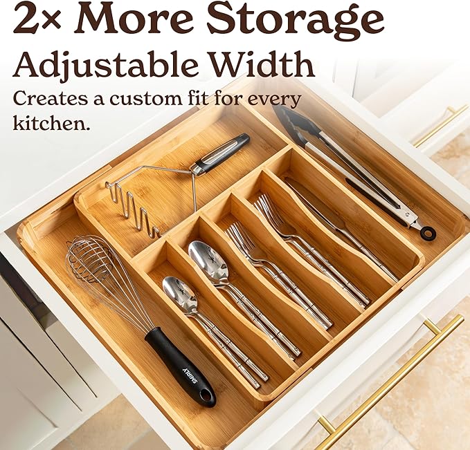 SMIRLY Silverware Drawer Organizer – Bamboo Kitchen Drawer Organizer, Adjustable Utensil Holder and Cutlery Tray, Drawer Dividers for Flatware and Kitchen Utensils | Adjustable
