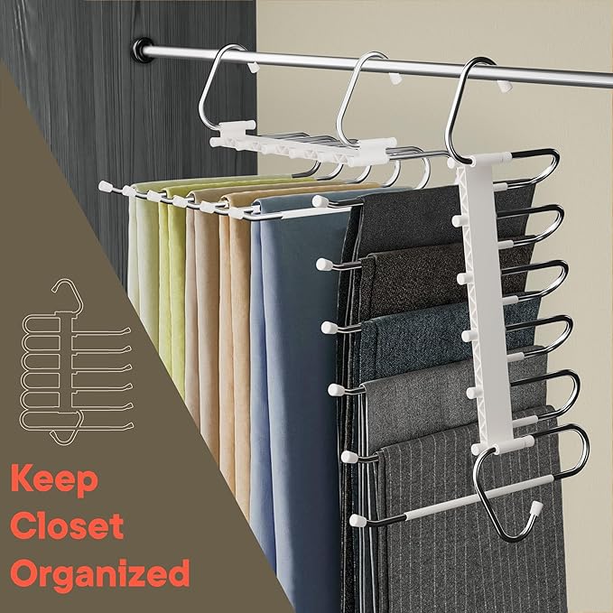 Campior Space Saving Pants Hangers 1 Pack, 6 Layer Jeans Hangers and Closet Organizer for Jeans, Scarves, & Skirts, Multi-Layer Hanger with Anti-Slip Stopper, Heavy-Duty S-Type Stainless Steel, White