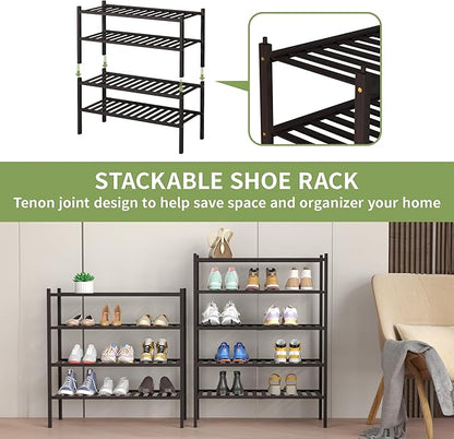 ROMGUAR CRAFT 4 Tier Bamboo Shoe Rack for Closet Free Standing Wood Shoe Shelf for Entryway Small Space Stackable 27"x11"x26" (Brown)