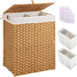 Greenstell Laundry Hamper No Install Needed, Divided Clothes Hamper with 2 Removable Liner Bags, 90L Handwoven Synthetic Rattan Laundry Basket with Lid and Handles, Foldable Natural
