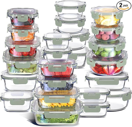 EATEX 48pc Glass Storage Containers with Lids, 24 Glass Food Storage Containers with 24 Airtight Lids for Pantry & Kitchen, Meal Prep Containers for Lunch, Oven Freezer Microwave & Dishwasher Safe
