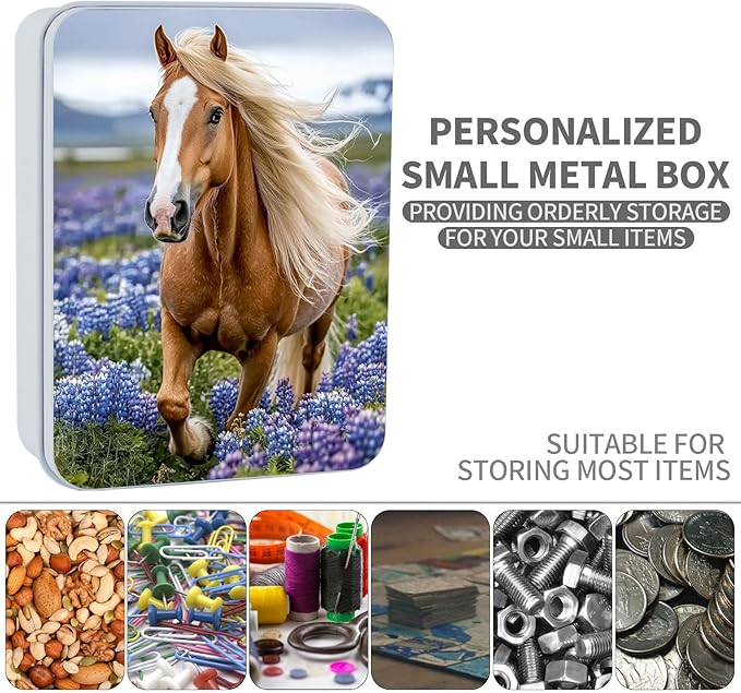 Metal Tin Box Sturdy Metal Storage Box with Lid, Majestic Horse Large Container Holder for TCG Cards, Car Keys, Cookies, Tin Containers for Gift, 5.0x3.7x1.6 Inch, Exquisite Pattern Design