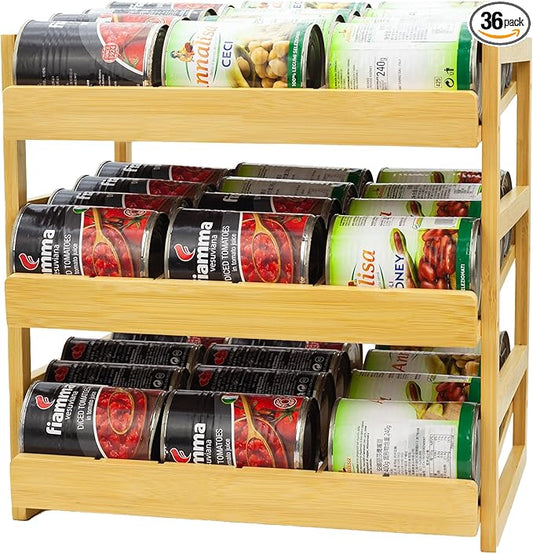 MinBoo Bamboo Can Organizer for Pantry - Stackable Can Dispensers for 36 Cans, Canned Food Storage, Pantry Shelf, Kitchen Cabinet or Countertop
