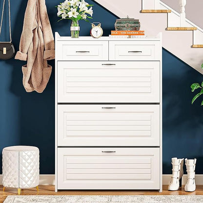 Vibe & Dine Narrow Shoe Organizer Cabinet with 3 Large Flip Drawers & 2 Storage Drawers - Slim Shoe Storage for Entryway, Hallway, Bedroom