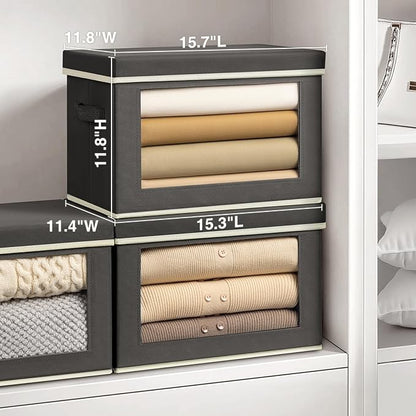 Homsorout Stackable Storage Bins with Lids - Large Storage Box with Lids, Foldable Closet Boxes for Organizing, Wardrobe Clothes Organizer with Window, Cubes Bins for Living Room, 6 Pack, Dark Grey