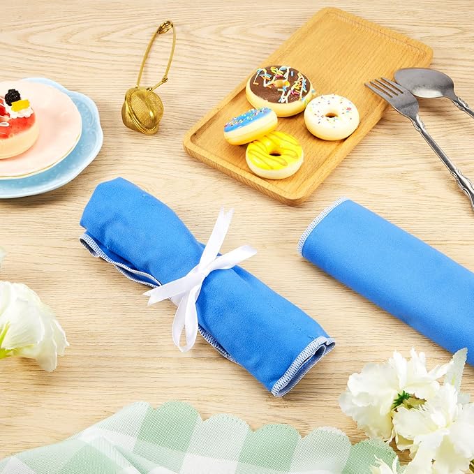 Weewooday Silver Storage Bags Anti Tarnish Silver Protector Bags Blue Holder for Silverware Flatware Storage Organizer Cloth Place Setting Roll with White Ribbon for Teaspoon Utensils(6 Pieces)