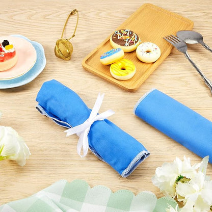 Weewooday Silver Storage Bags Anti Tarnish Silver Protector Bags Blue Holder for Silverware Flatware Storage Organizer Cloth Place Setting Roll with White Ribbon for Teaspoon Utensils(6 Pieces)