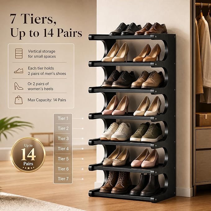 39" Bamboo Shoe Rack - Vertical Shoe Organizer Rack for Small Space, Narrow Shoe Tower for Closet, Entryway, Corner, Tall Shoe Shelf with Removable Shelves, Flexible Storage Shelf for Saving Space
