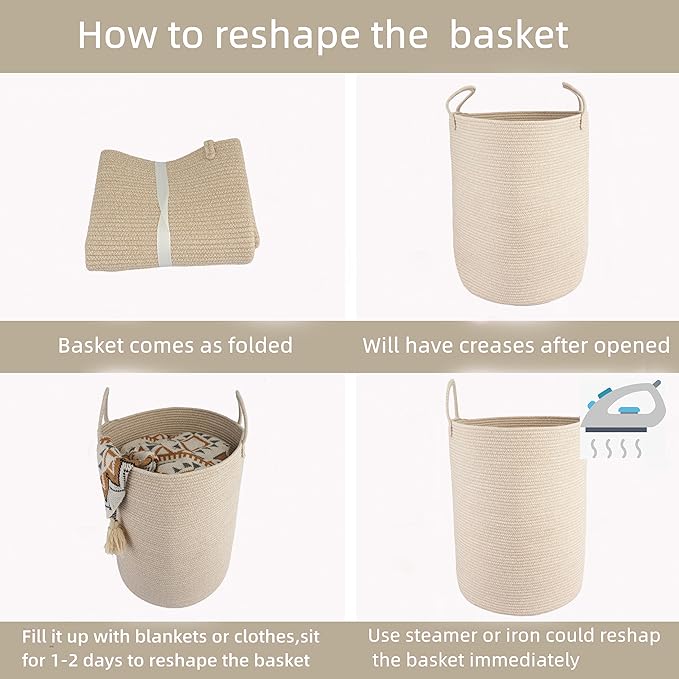 Woven Cotton Rope Laundry basket-15”X20” Laundry Hamper-Rope Storage Basket for Dirty Clothes, Toys and Blankets Perfect for Bathroom, Baby nursery and Living Room Storage (oatmeal)