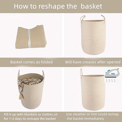 Woven Cotton Rope Laundry basket-15”X20” Laundry Hamper-Rope Storage Basket for Dirty Clothes, Toys and Blankets Perfect for Bathroom, Baby nursery and Living Room Storage (oatmeal)