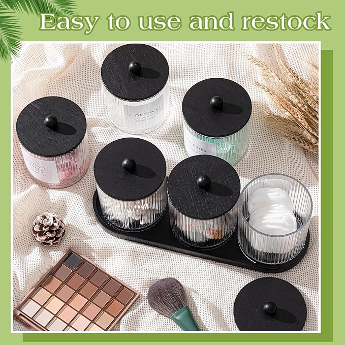 Vesici 6 Pack Bathroom Canisters Ribbed Apothecary Jars with Bamboo Lids 2 Bamboo Trays and 9 Label Stickers Cotton Swabs Holder Bathroom Organizer Storage Set Acrylic 18 oz Dispenser Container(Black)