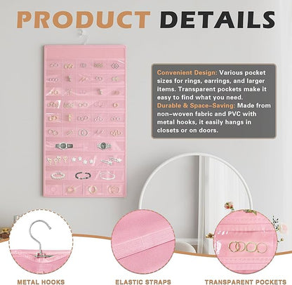 Hanging Jewelry Organizer Storage Roll, Double-Sided Necklaces Holder, 42 Pockets Plus 36 hooks Earrings Organizer Hang in Closet, On Wall, or Doors, Pink