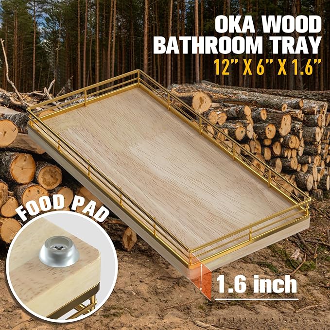 Bathroom Vanity Tray for Countertop, 12" x 6" Oak Wood Toilet Tank Tray with Metal Guardrail, Bathroom Organizer for Soap, Perfume & Skincare, Non-Slip Decorative Tray for Dresser, Gold & Natural Oak