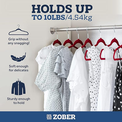 Zober Premium Quality Space Saving Luxurious Velvet Hangers Strong and Durable Hold Up to 10 Lbs - 360 Degree Chrome Swivel Hook - Ultra Thin Non Slip Suit Hangers, Royal Red/Burgundy - 50 Pack