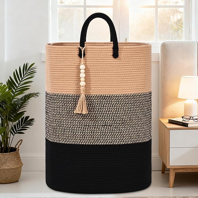 Woven Laundry Basket for Clothes, 80 L Large Rectangle Laundry Hampers with Beads Tassel, Nursery Storage Basket for Toys, Tall Dirty Clothes Hamper for Bedroom Aesthetic, Laundry Room Organization