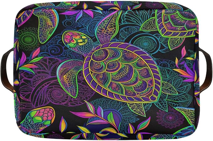 Large Storage Basket Bin Mandala Sea Turtle Storage Cube Box Foldable Canvas Fabric Collapsible Organizer with Handles for Home Office Closet