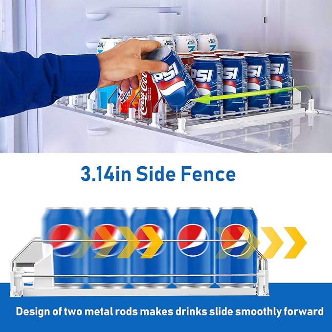Drink Organizer for Fridge, Soda Can Organizer Dispenser for Refrigerator with Automatic Pusher Glide, Width Adjustable Clear Dividers Can Holder for 15 Cans, 115''D x 8.9''W x 3.1''H, 3 Rows