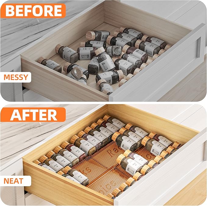MUDEELA Clear Spice Drawer Organizer, 4 Tier- 2 Set (4 Packs) Spice Rack for Drawer, Expandable From 11" to 22" Kitchen Seasoning Organizers and Storage for Drawer (Jars not included), Amber