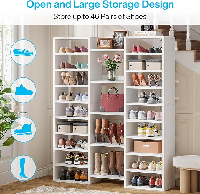 Little Tree 14-Tier Shoe Rack, Freestanding Tall Shoe Shelf, White Wooden Shoe Storage Cabinet with 22 Open Cubbies, 46 Pairs Wide Entryway Shoe Organizer Shoe Cabinet for Living Room, Bedroom