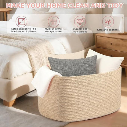 Large 75L Woven Laundry Basket, Collapsible Cotton Rope Storage Hamper for Blankets, Toys, Dirty Clothes, Rectangle Nursery Basket for Living Room, Bedroom, Baby Room - Brown
