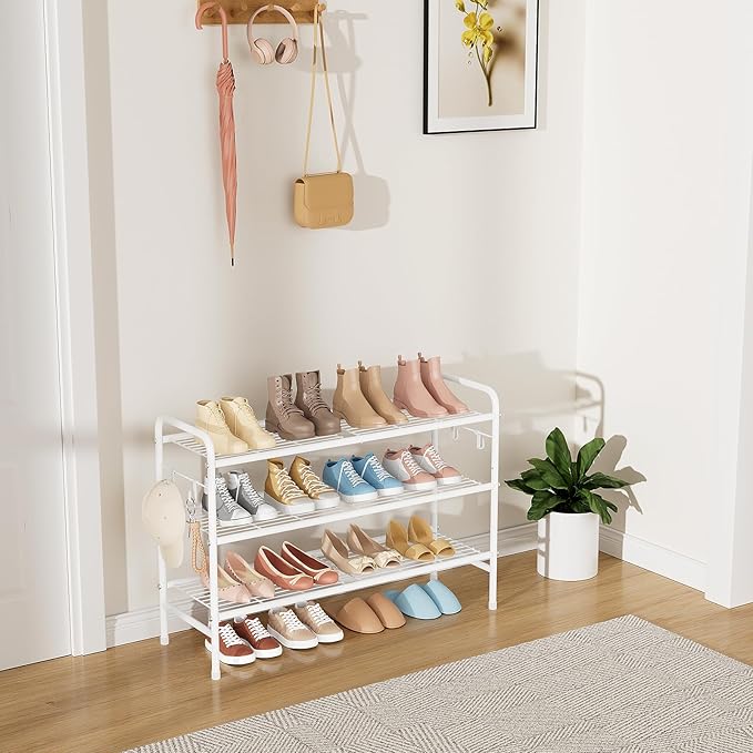 VILICK 3 Tier Shoe Rack 33" Wide Metal Shoe Organizer Long Shoe Storage with 4 Side Hooks Sturdy Shoes Shelf for Front Door Entrance, Closet, Garage, Dorm, White