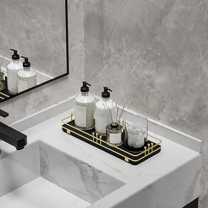 Bathroom Vanity Tray for Countertop Toiletries Perfume Makeup Soap Dispenser Toilet Tank, Kitchen Tray for Salt Spice, Decor Tray for Candle Nightstand Coffee 11.3”x 4.4” Black-Gold