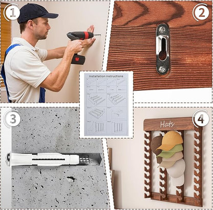 lesolar Wooden Hat Rack for Baseball Caps - Hat Rack for Wall with 40-Slot Display, Farmhouse Hat Holder for Men & Women, Hat Wall Storage for Caps, Western Hats, and More (29.5" x 29.5")